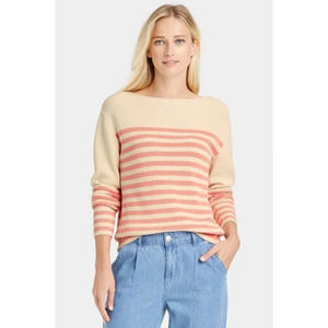 Who What Wear Womens Sweater Size Medium Pink Tank Striped Long Sleeves Slim Fit